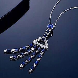 Blue Sapphire Sterling Silver Tassel Pendant Charm Necklace